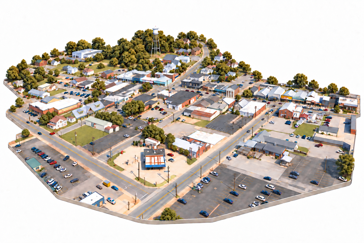 Illustrated aerial view of downtown Kilmarnock’s buildings, streets, and surrounding area